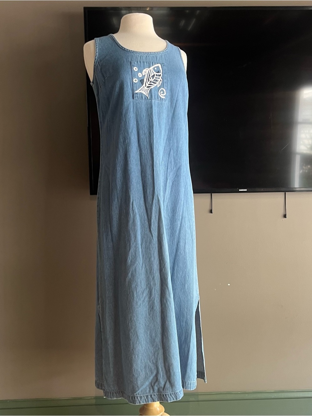 Excitation Light Blue Denim Maxi Tank Dress with Fish Embroidery